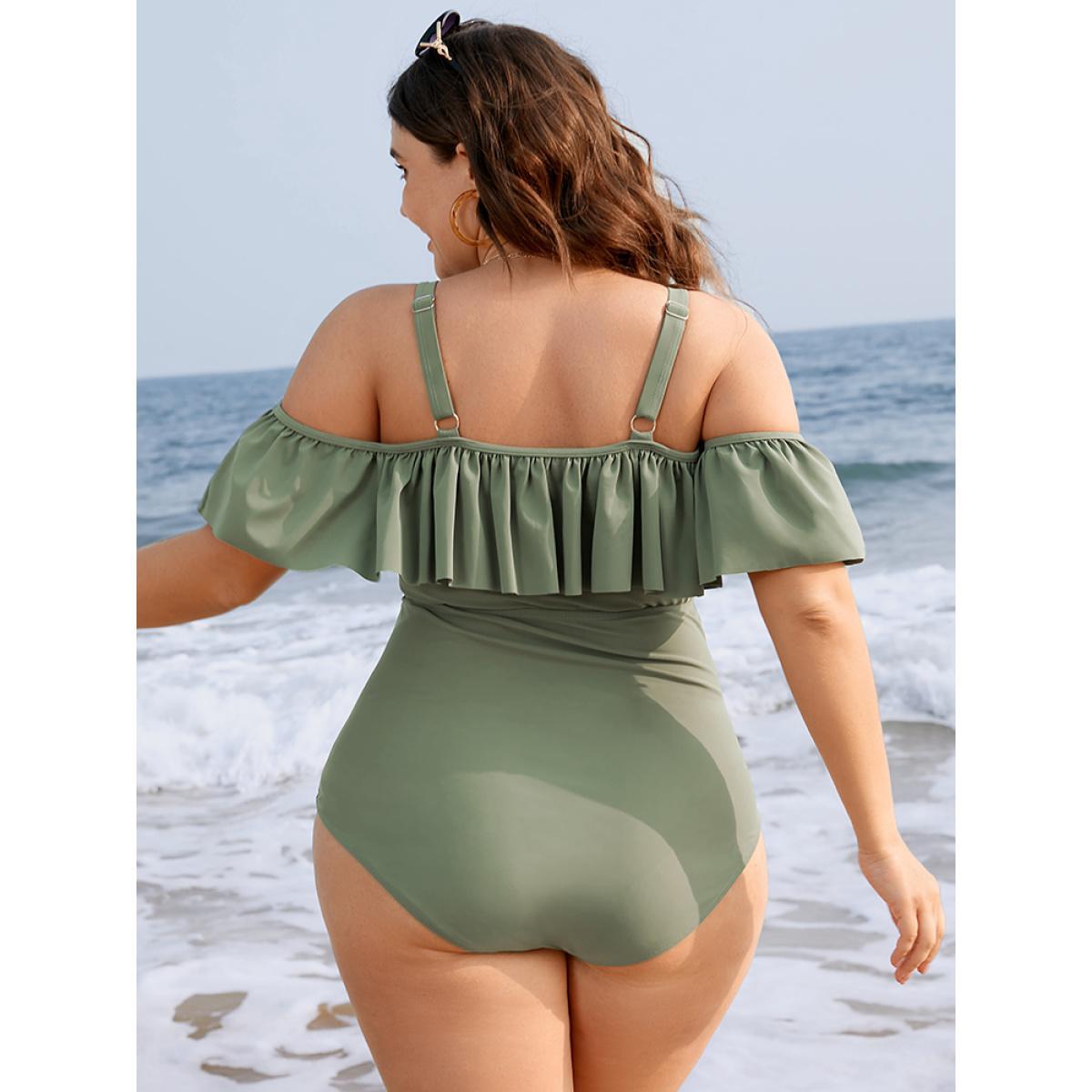 Plus Size Ruffles Trim Sculpt Waist Cold Shoulder One Piece Swimsuit Women's Swimwear Mint Vacation Adjustable Straps Curve Bathing Suits High stretch One Pieces BloomChic 18-20/2X Product Image