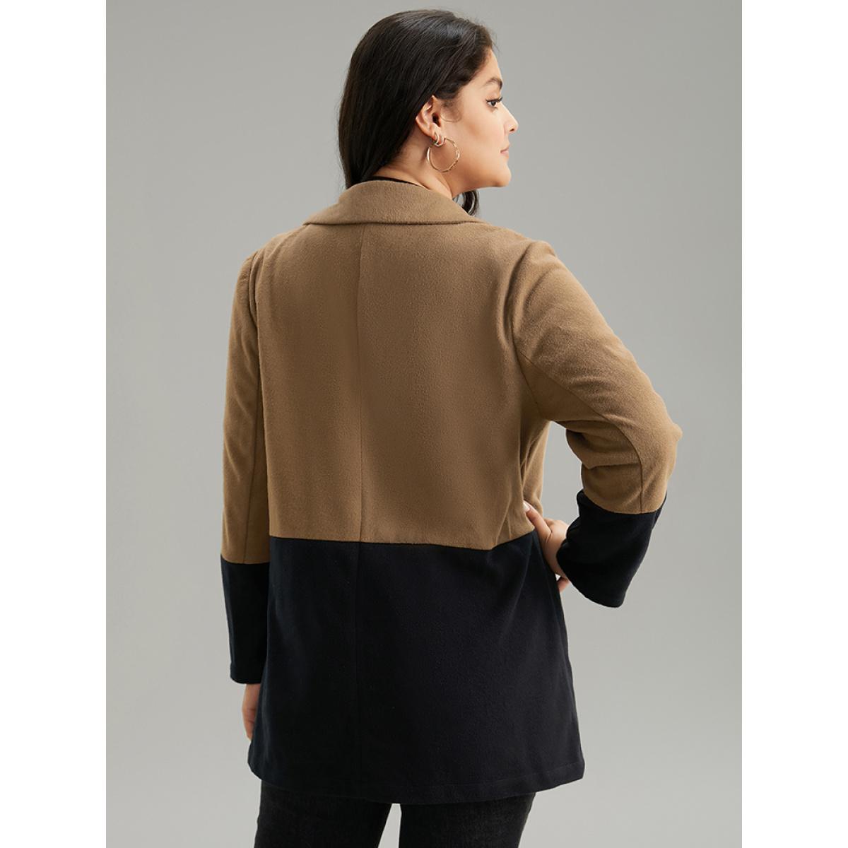 Plus Size Contrast Lapel Collar Double Breasted Pocket Coat Women DarkBrown Casual Contrast Ladies Dailywear Winter Coats BloomChic 18-20/2X Product Image