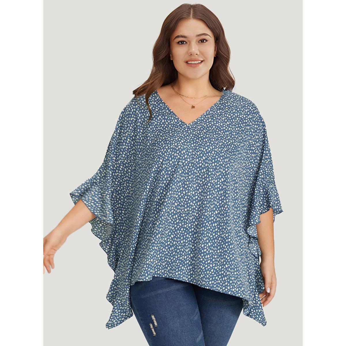 Plus Size Stone Leopard Print Ruffle Trim Asymmetrical Hem Batwing Sleeve Blouse Women Elegant Half Sleeve V-neck Dailywear Blouses BloomChic 28/5X Product Image