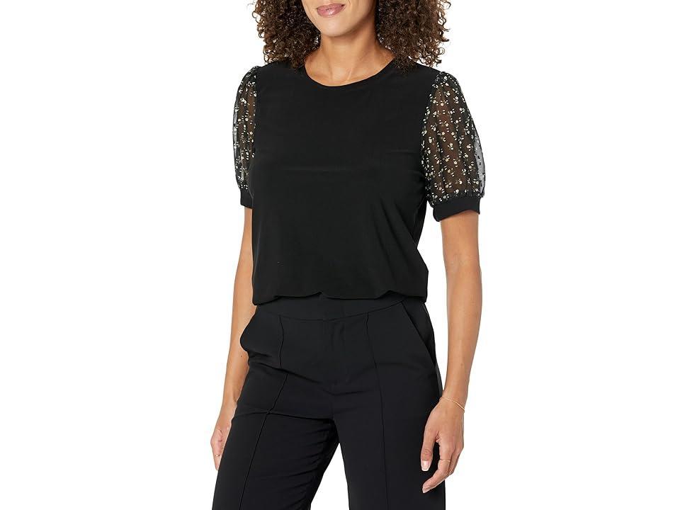 CeCe Round Neck Short Puff Sleeve Mixed Media Knit Shirt Product Image