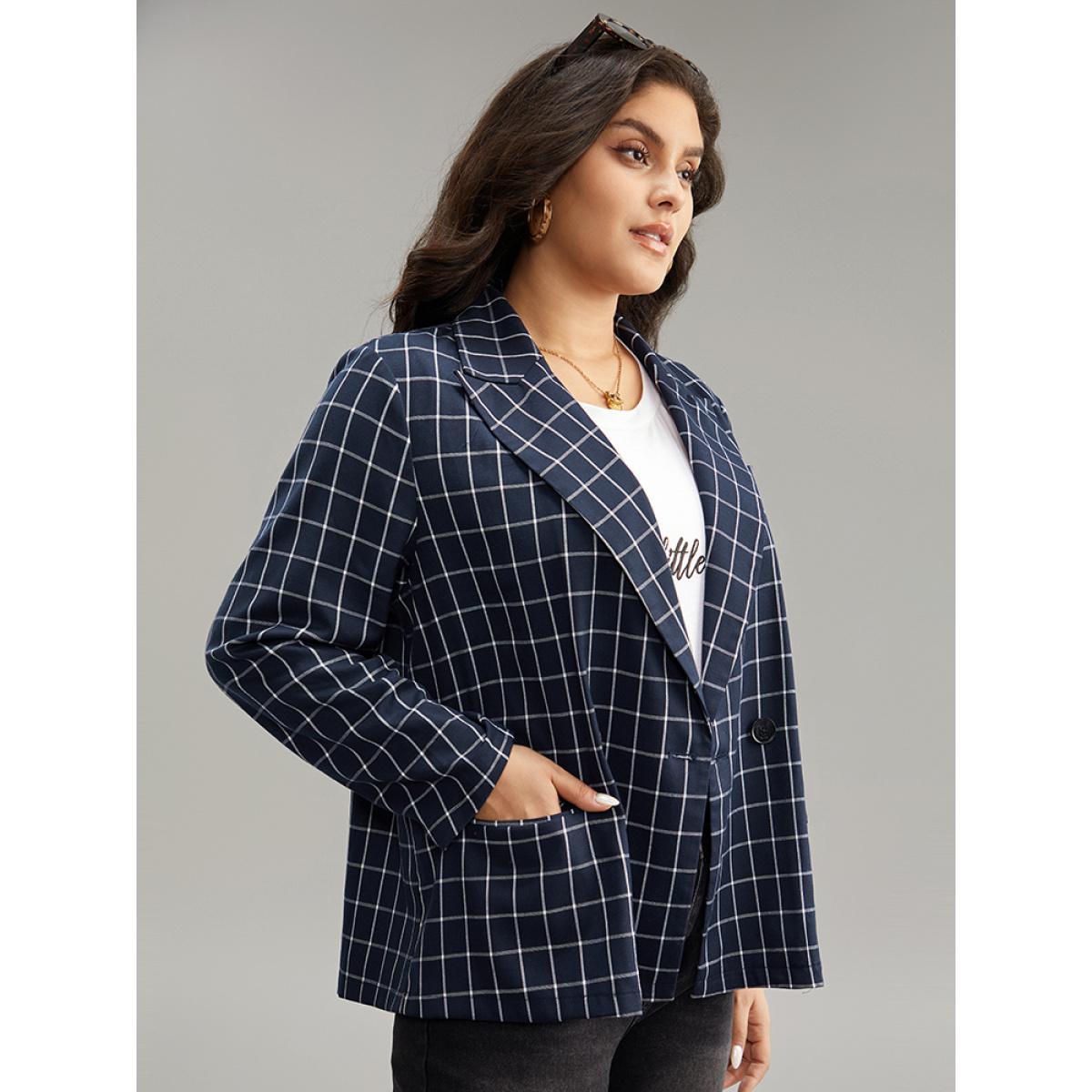 Plus Size Plaid Flap Detail Suit Collar Button Up Blazer DarkBlue Women Dailywear Plaid Contrast Sleeve Long Sleeve Suit Collar 28/5X Pocket Casual Blazers BloomChic Product Image