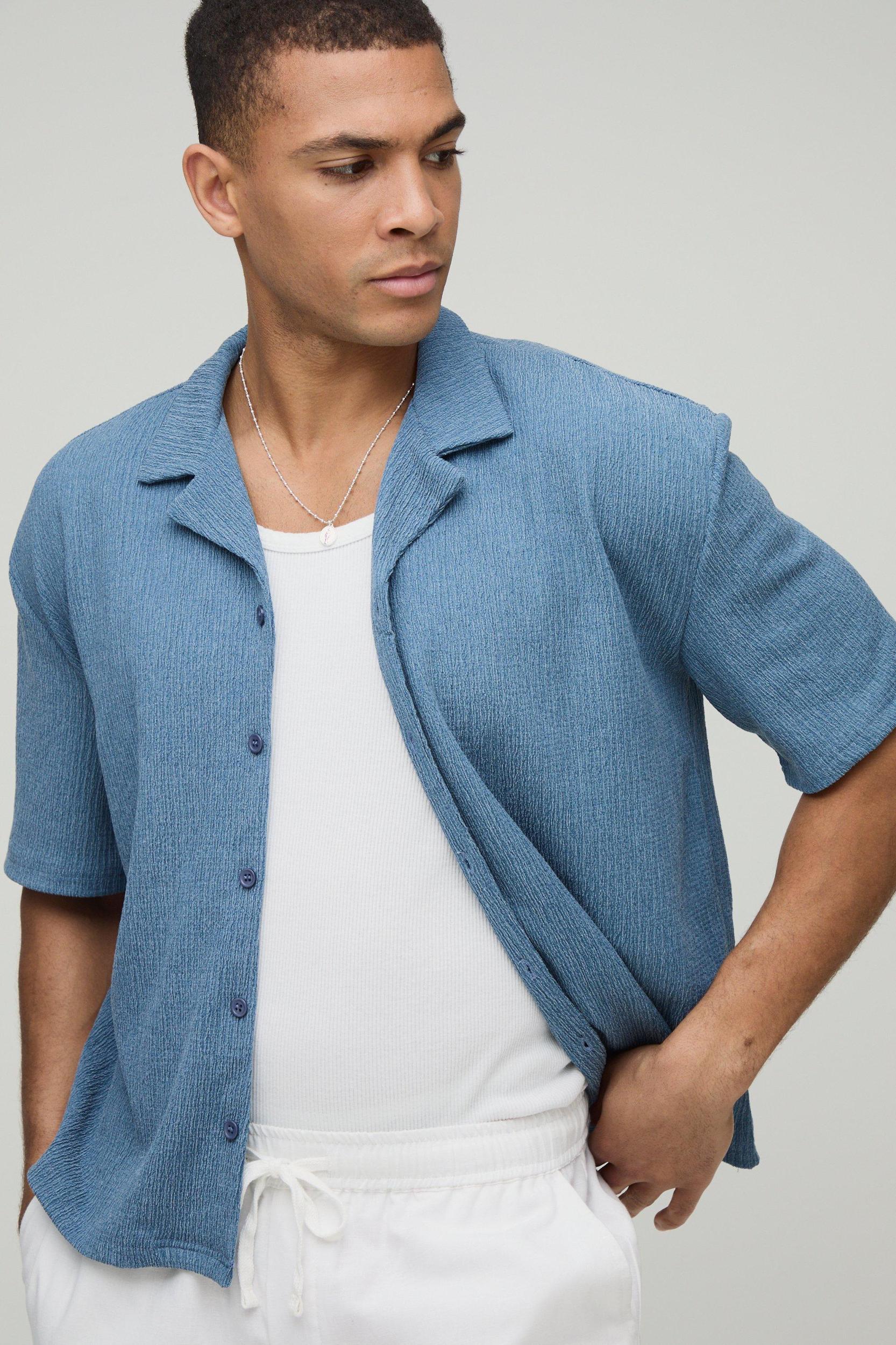 Crinkle Boxy Revere Short Sleeve Shirt | boohooMAN USA Product Image