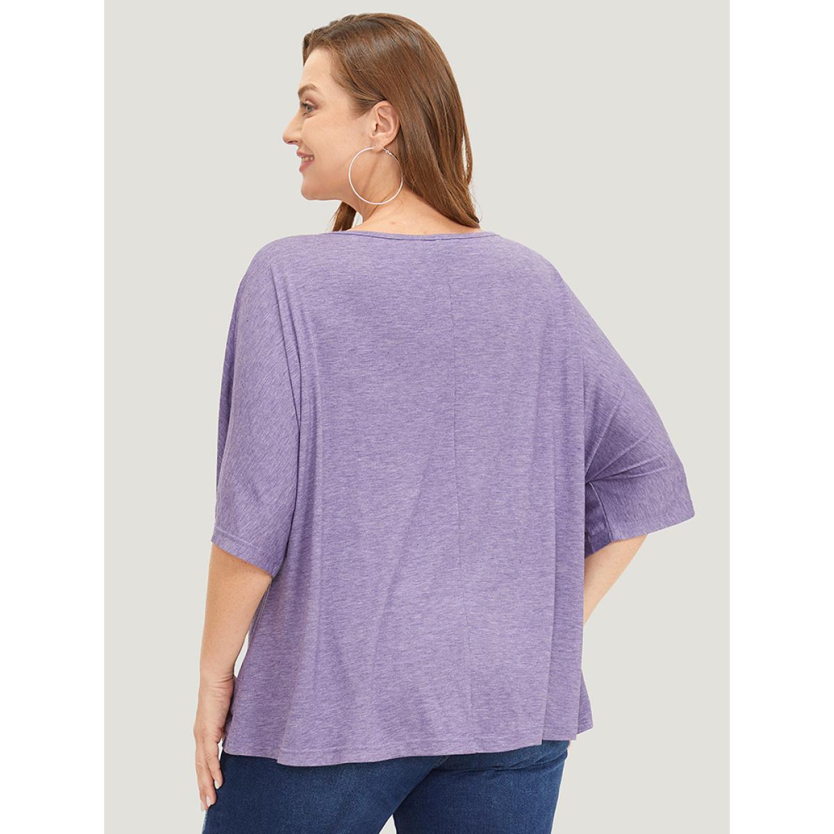 Plus Size Solid Heather Keyhole Neck Dolman Sleeve T-shirt Heather Women Casual Heather Plain V-neck Loose Dailywear T-shirts BloomChic 14-16/1X Product Image