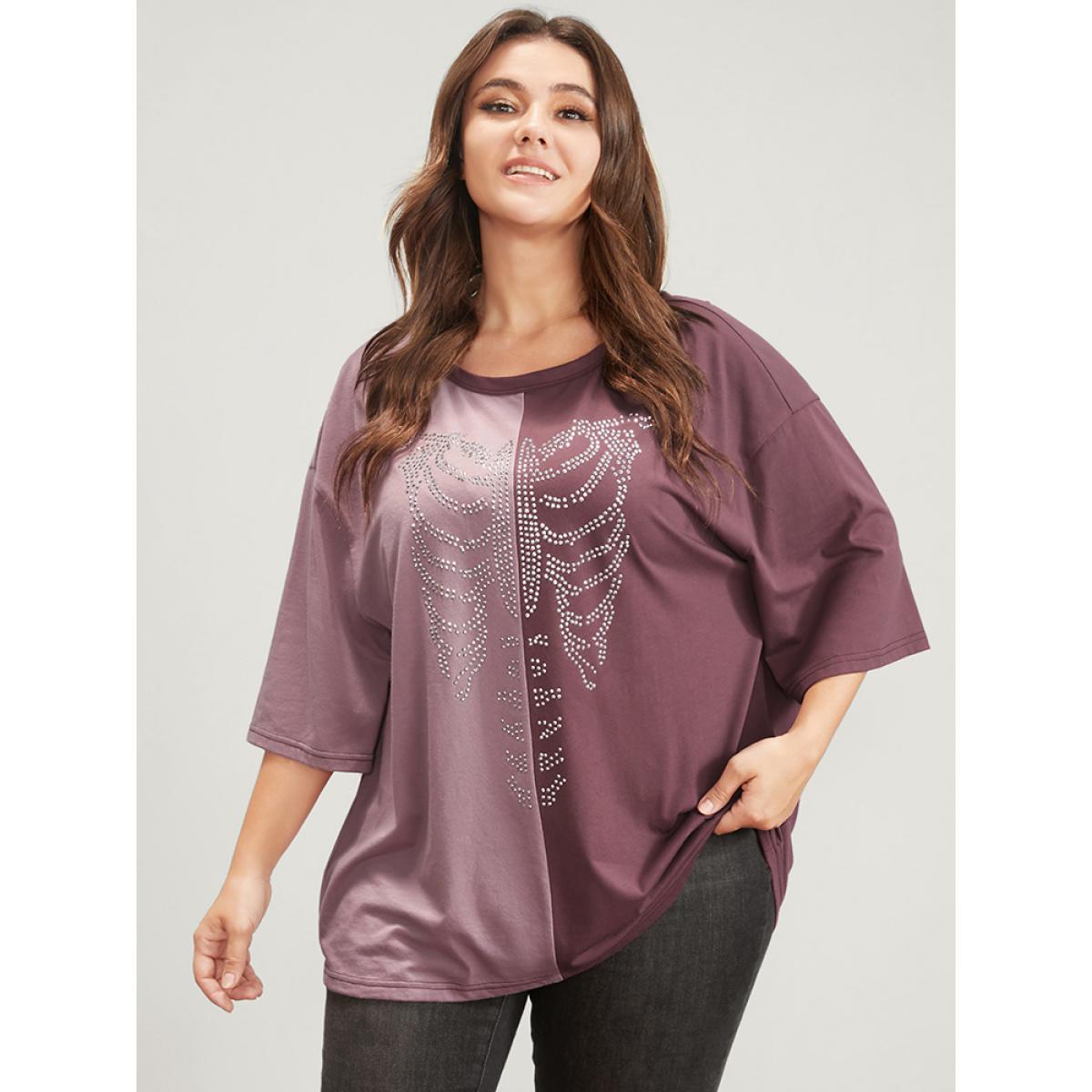 Plus Size Halloween Skeleton Print Colorblock Contrast T-shirt Heather Women Casual Contrast Graphic-Halloween Round Neck Dailywear T-shirts BloomChic 14-16/1X Product Image