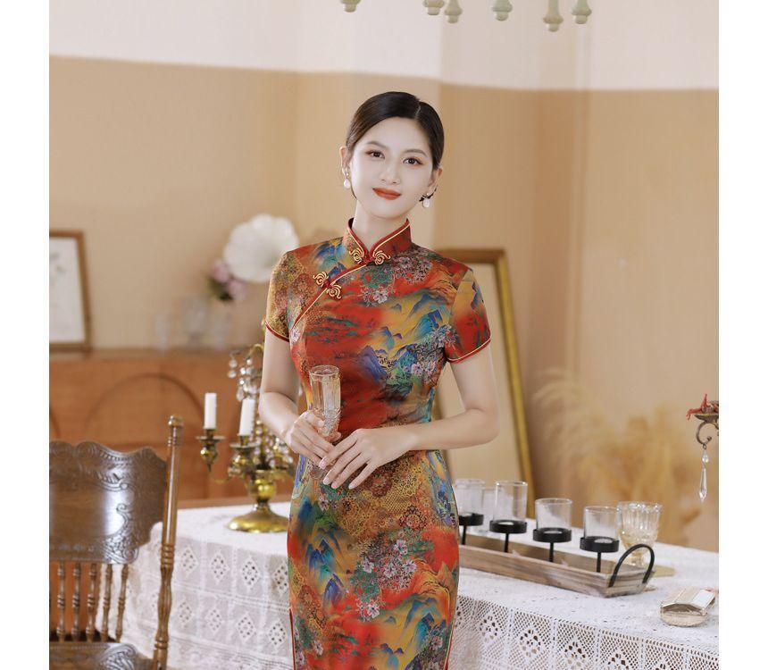 Short-Sleeve Floral Print  Midi Sheath Qipao Product Image
