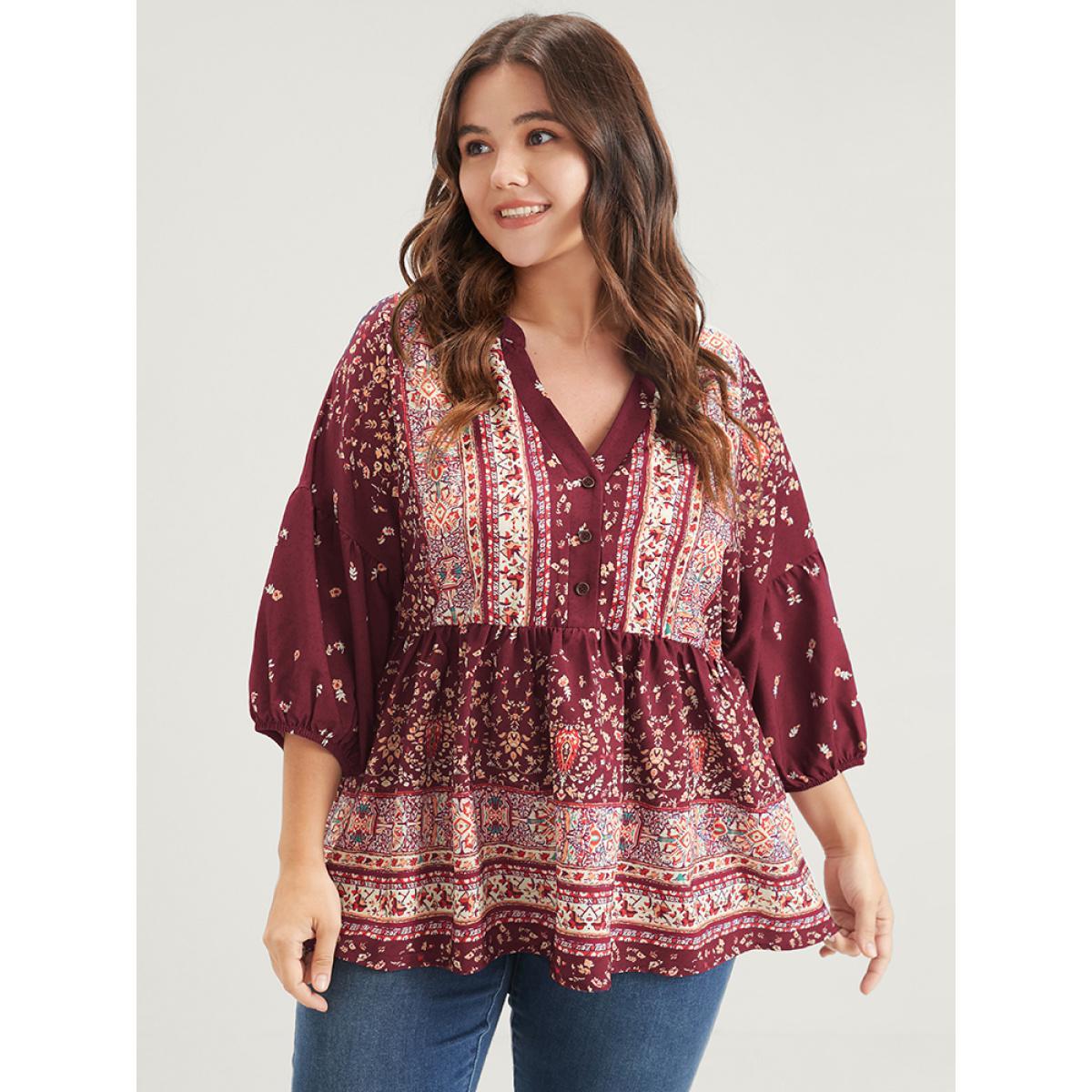 Plus Size Burgundy Bandana Button Lantern Sleeve Ruffles Blouse Women Vacation Elbow-length sleeve V-neck Dailywear Blouses BloomChic 14-16/1X Product Image