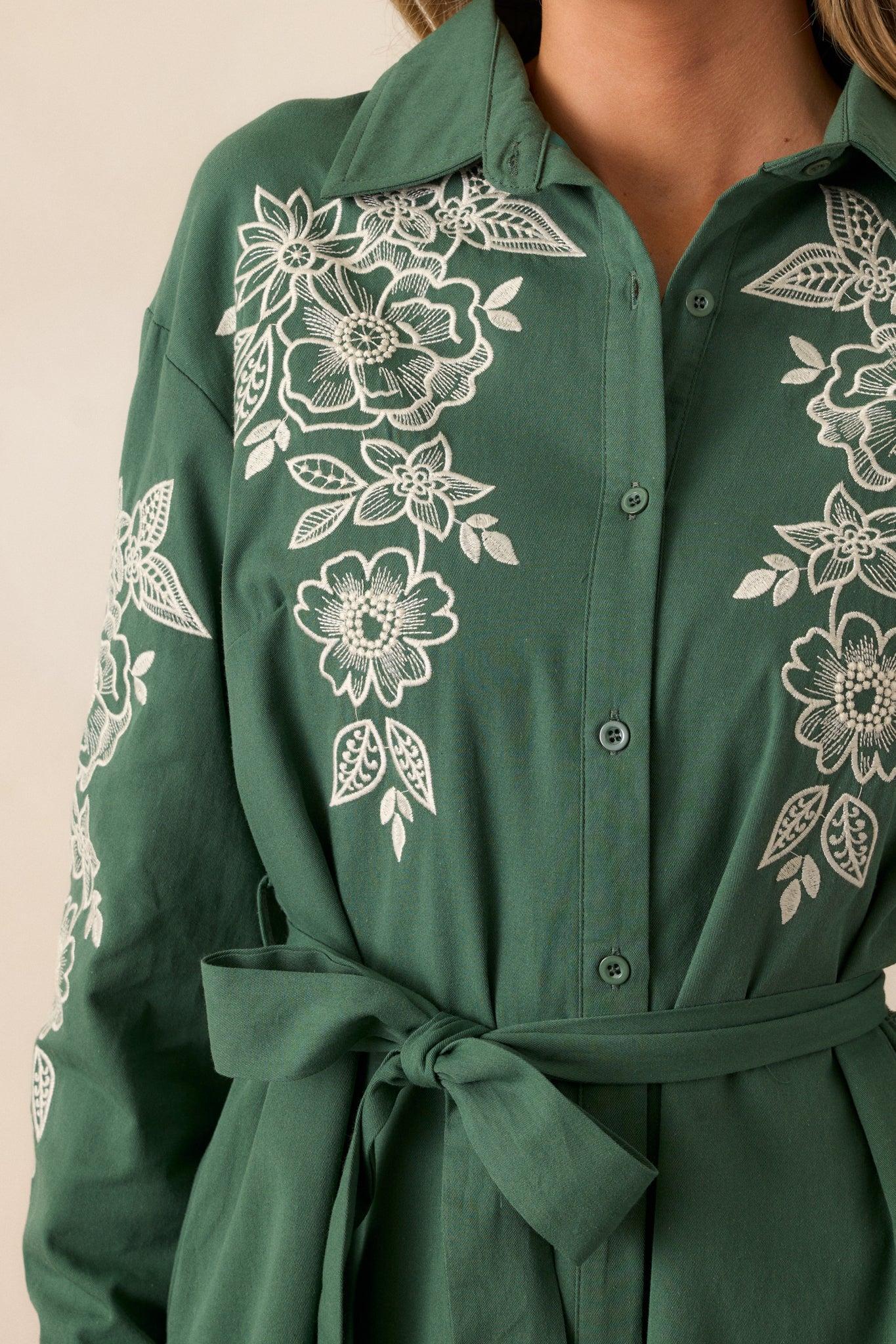 Leaves Of Tomorrow Cotton Forest Green Long Sleeve Midi Dress Product Image