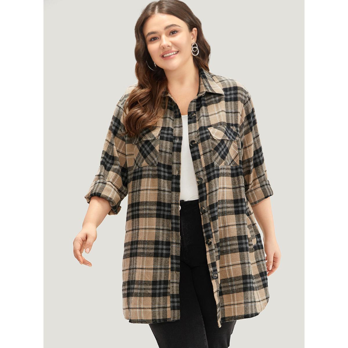 Plus Size Plaid Flap Pocket Curved Hem Coat Women Tan Contrast Pocket Dailywear Jackets BloomChic 22-24/3X Product Image