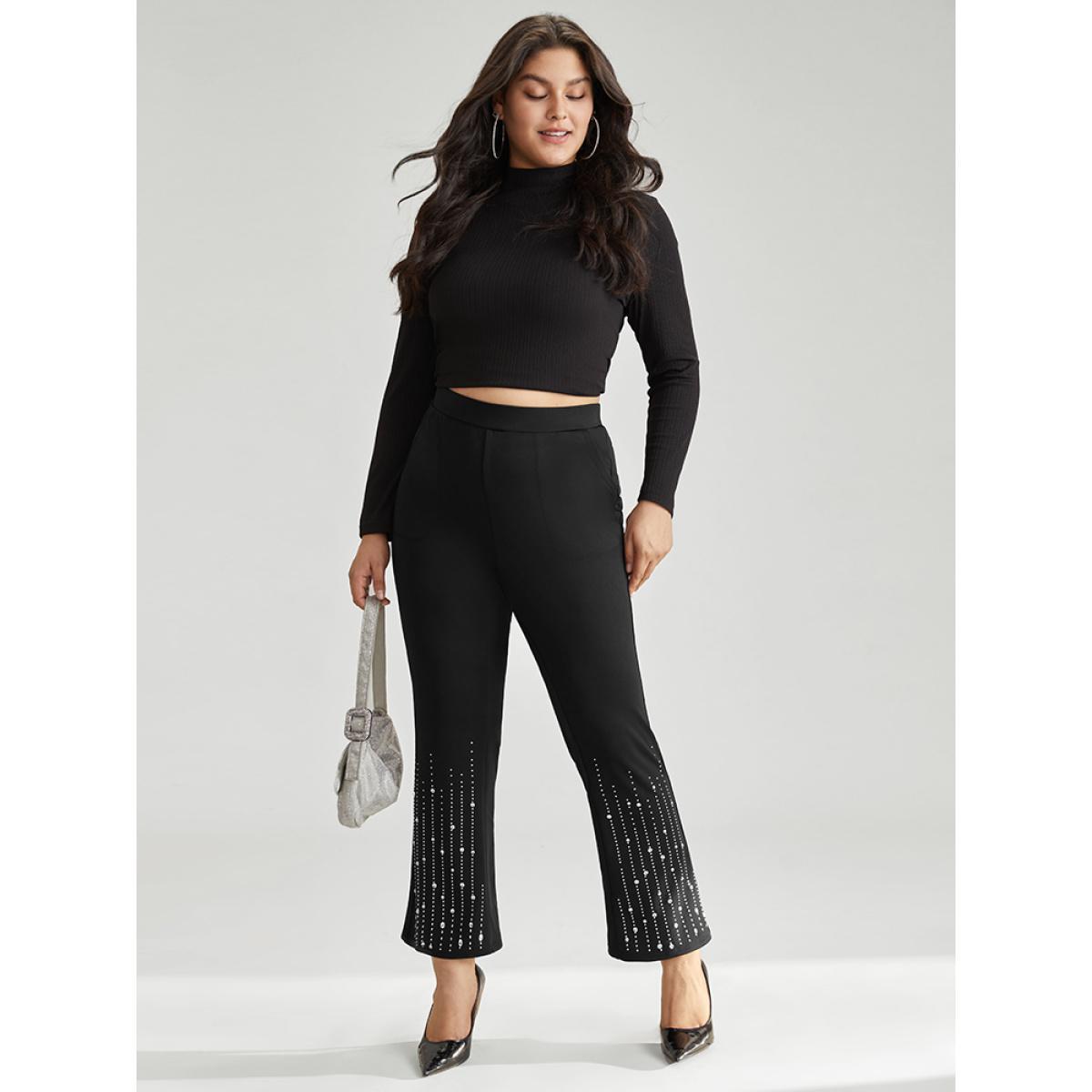 Plus Size Rhinestone Elastic Waist Bootcut Pants Women Black Cocktail Bootcut High Rise Party Pants BloomChic 12/L Product Image