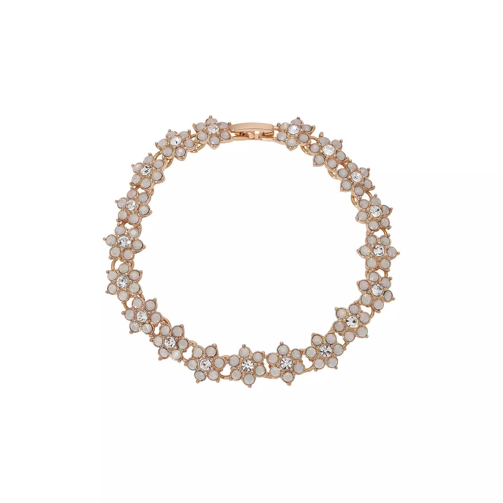 1928 Gold Tone Simulated White Opal Crystal Flower Bracelet, Womens Product Image