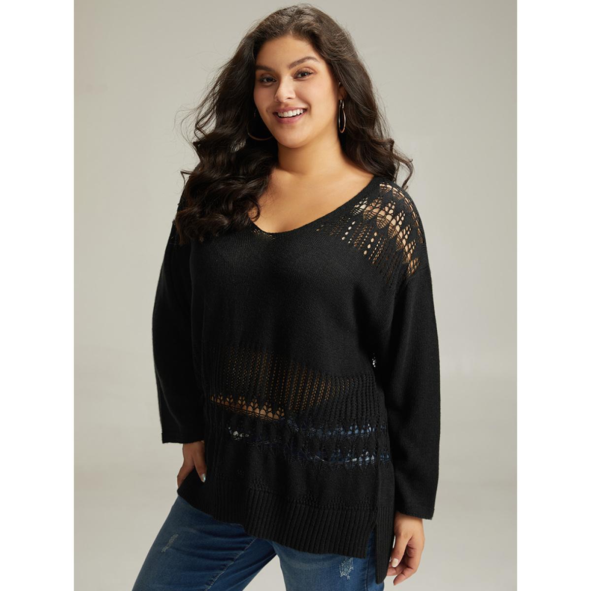 Plus Size Solid Hollow Out Split V Neck Pullover Black Women Casual Loose Long Sleeve V-neck Everyday Pullovers BloomChic 10/M Product Image
