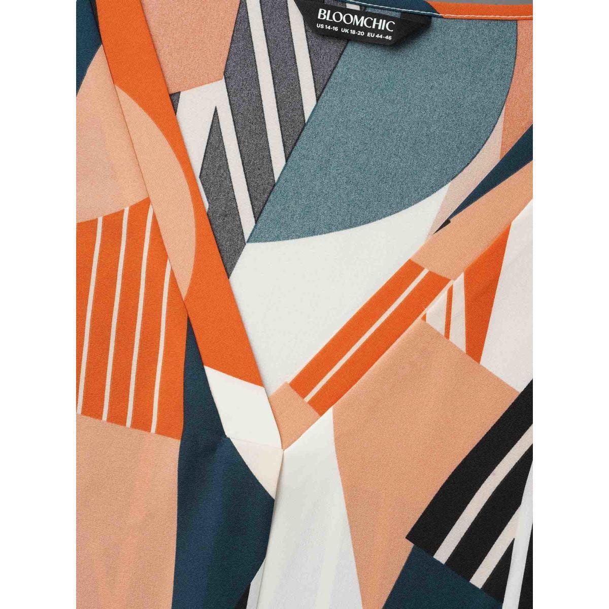 Plus Size Multicolor Abstract Print Tab Sleeve Blouse Women At the Office Elbow-length sleeve V-neck Work Blouses BloomChic 12/L Product Image