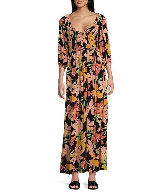 Billabong Wish Me Luck Tropical Floral Printed 3/4 Sleeve Maxi Dress Product Image