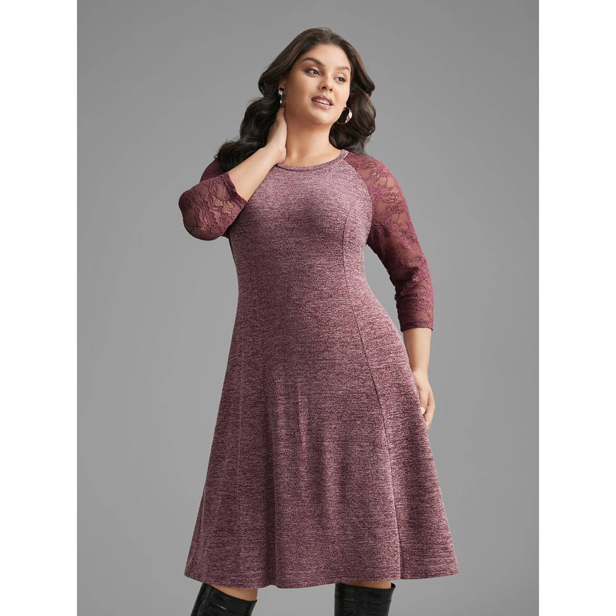 Plus Size Heather Lace Patchwork Mesh Midi Dress Burgundy Women Elegant Woven ribbon&lace trim Round Neck Elbow-length sleeve Curvy BloomChic 10/M Product Image