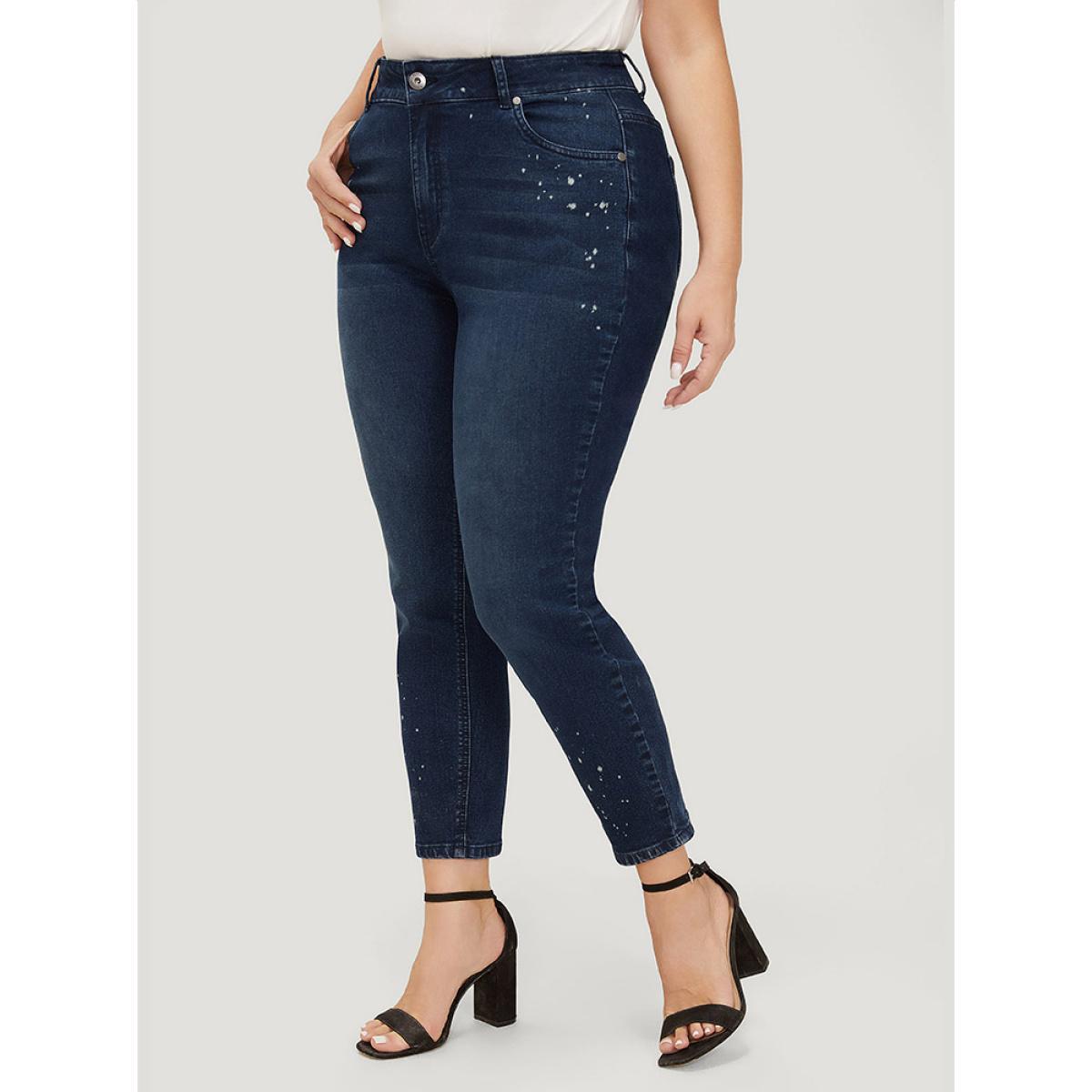 Plus Size Very Stretchy High Rise Dark Wash Paint Jeans Women DarkBlue Casual Plain High stretch Pocket Jeans BloomChic 10/M Product Image