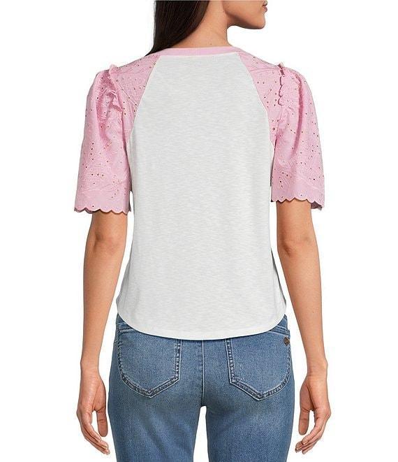 Democracy Petite Size Mix-Media Scoop Neck Embroidered Elbow Puff Sleeve Top Product Image