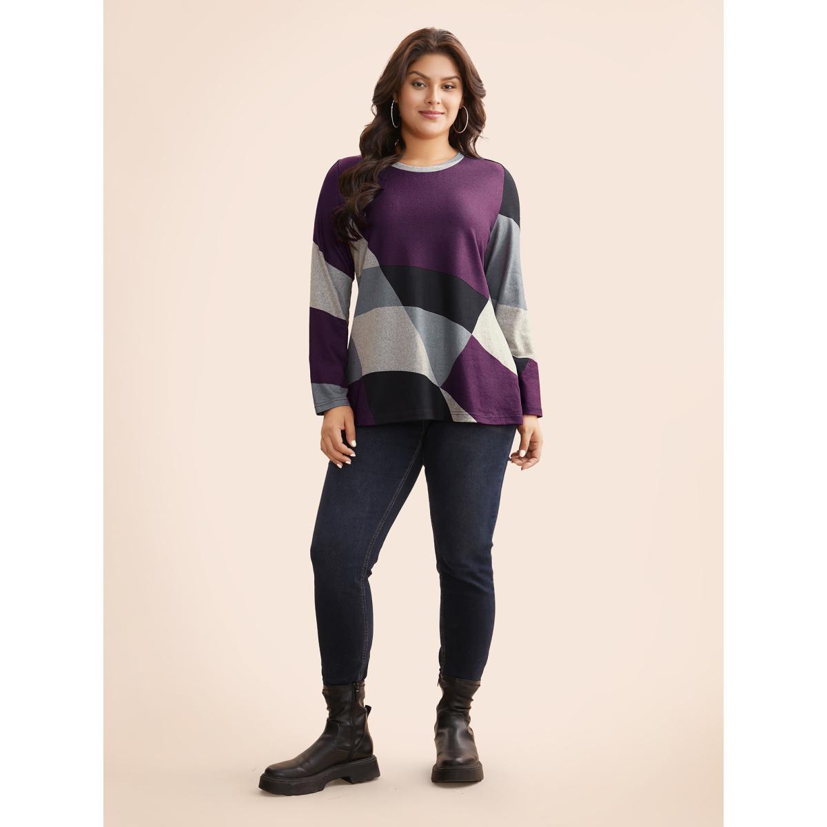 Plus Size Round Neck Colorblock Contrast T-shirt Eggplant Women Casual Contrast Non Everyday T-shirts BloomChic 14-16/1X Product Image