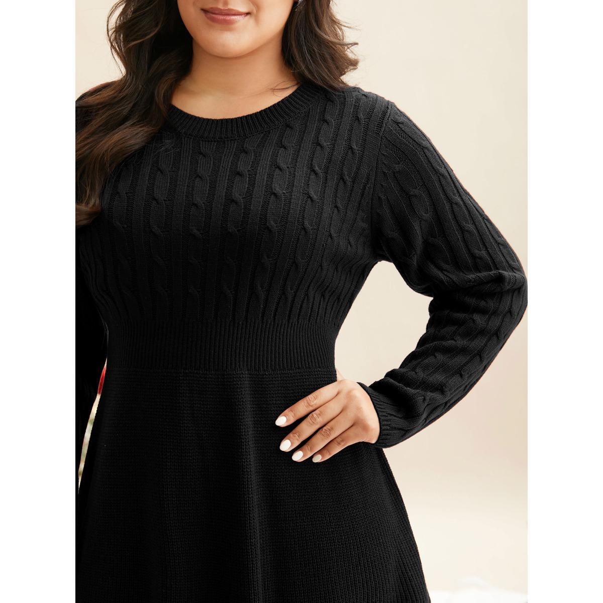 Plus Size Cable Knit Fit-and-Flare Midi Sweater Dress Black Women Elegant Bodycon Long Sleeve Everyday Sweater Dresses BloomChic 22-24/3X Product Image