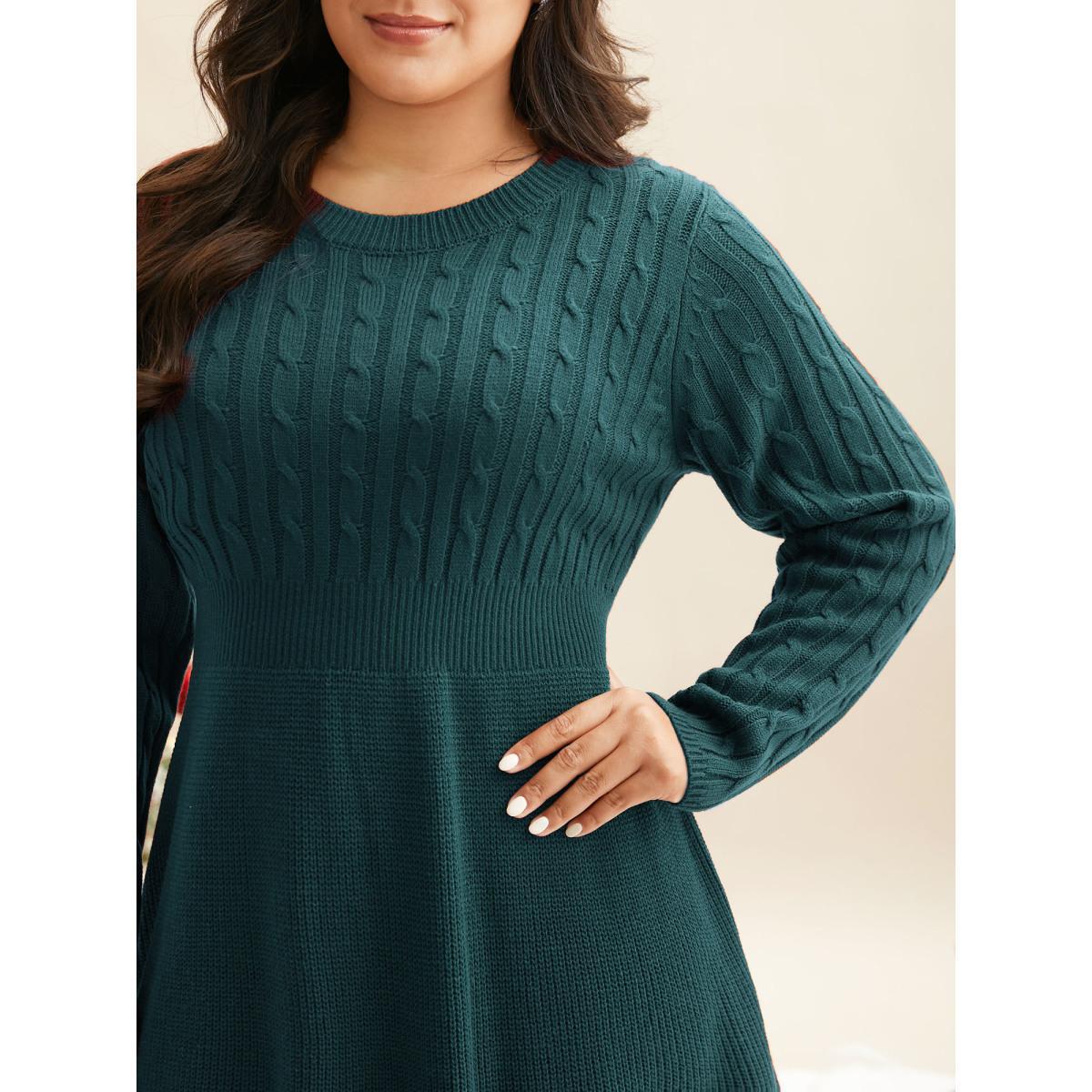 Plus Size Cable Knit Fit-and-Flare Midi Sweater Dress Black Women Elegant Bodycon Long Sleeve Everyday Sweater Dresses BloomChic 22-24/3X Product Image