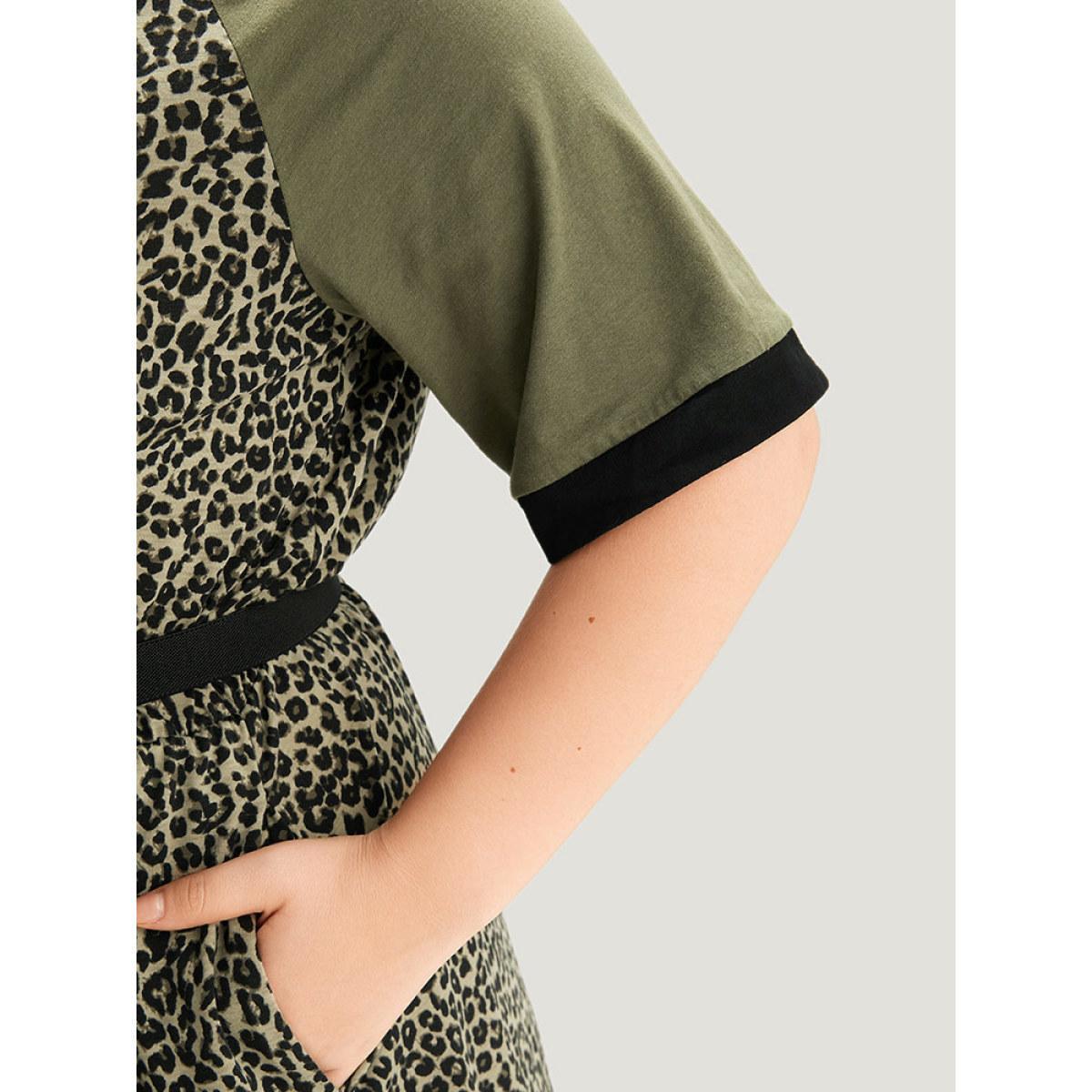 Plus Size Leopard Print Pocket Patchwork Gathered Contrast Trim Dress ArmyGreen Women Casual Gathered V-neck Half Sleeve Curvy Midi Dress BloomChic 10/M Product Image