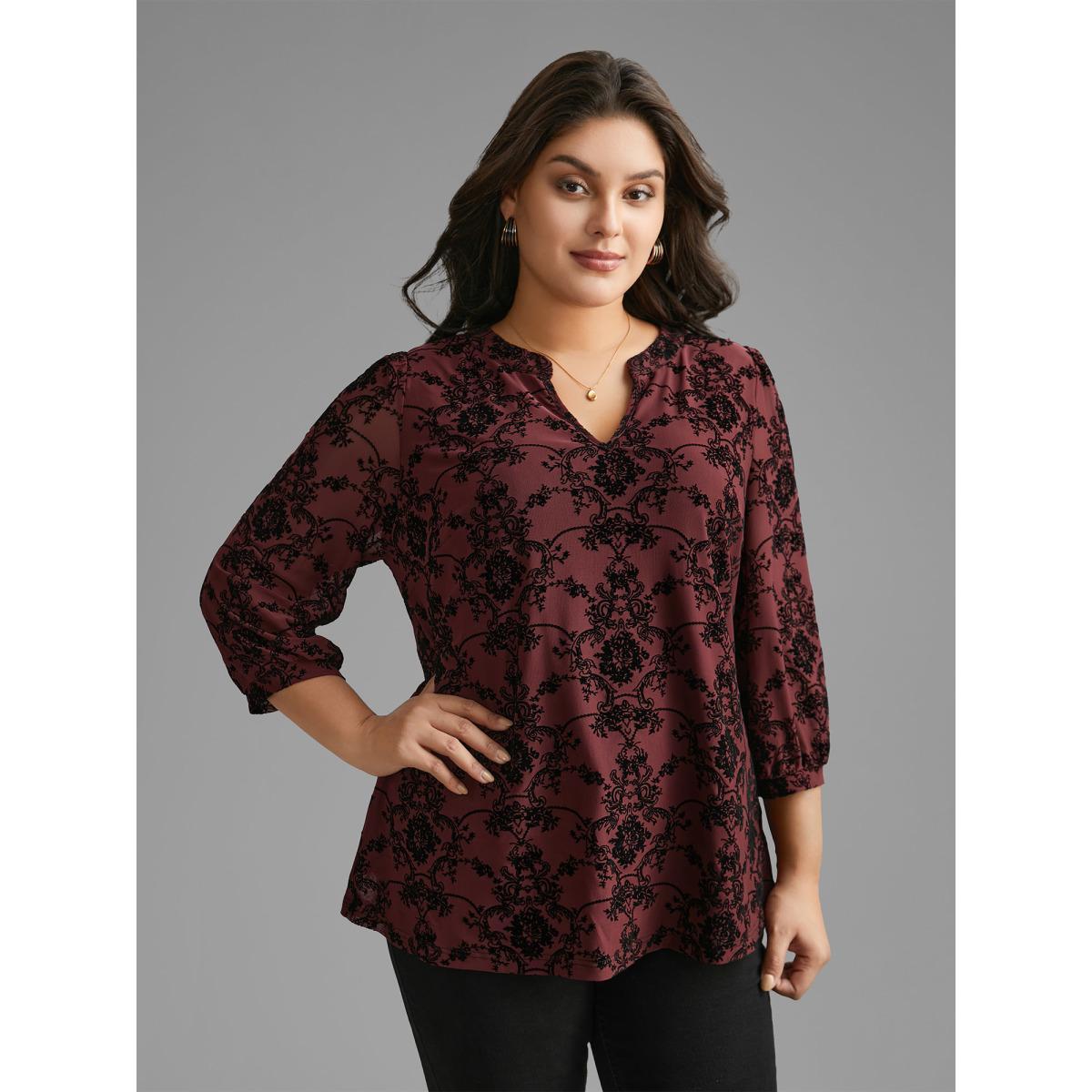 Plus Size Burgundy Boho Print Flocking Mesh Blouse Women Elegant Elbow-length sleeve Flat collar with V-notch Everyday Blouses BloomChic 26/4X Product Image