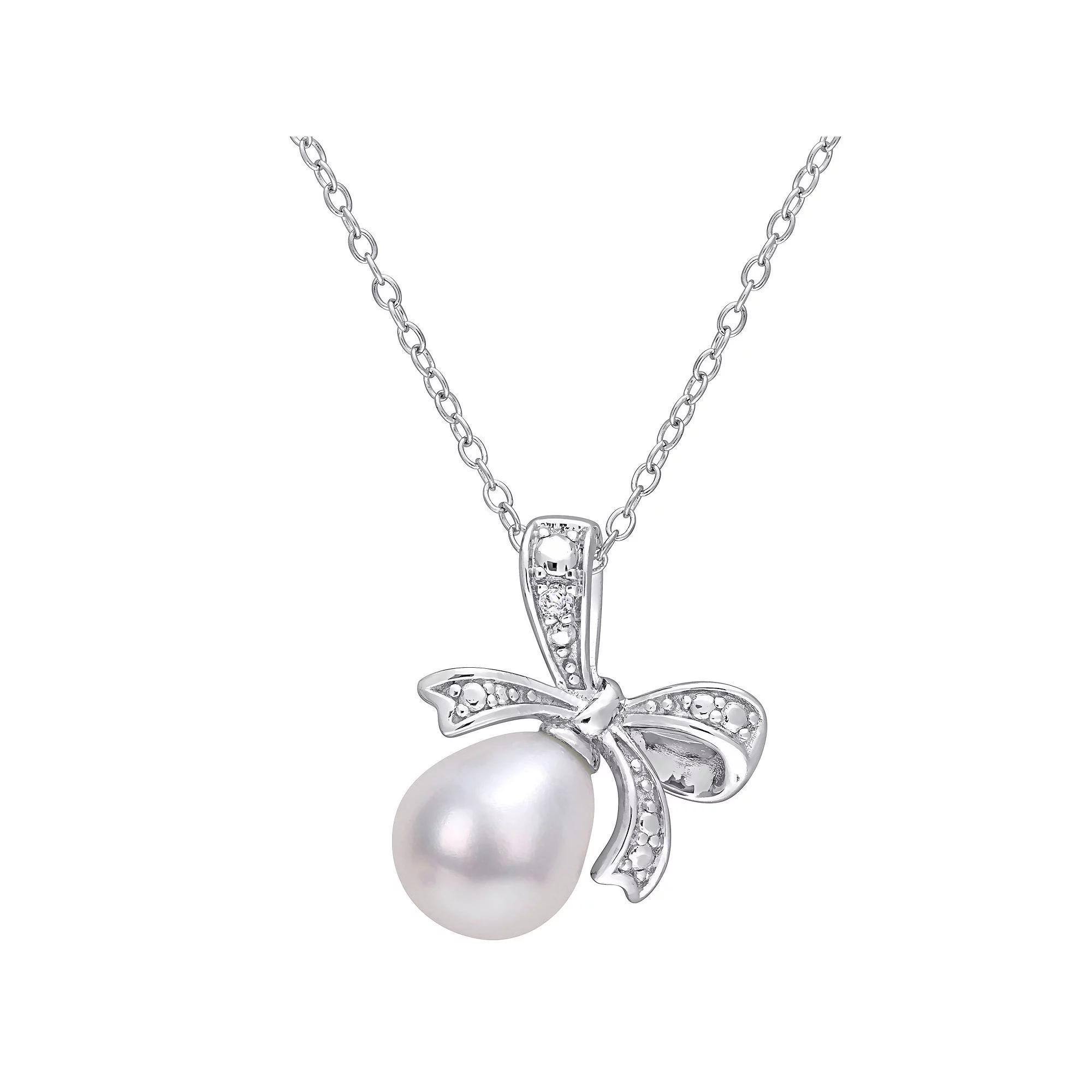 Stella Grace Sterling Silver Freshwater Cultured Pearl & Diamond Accent Bow Necklace, Women's, Size: 18" Product Image