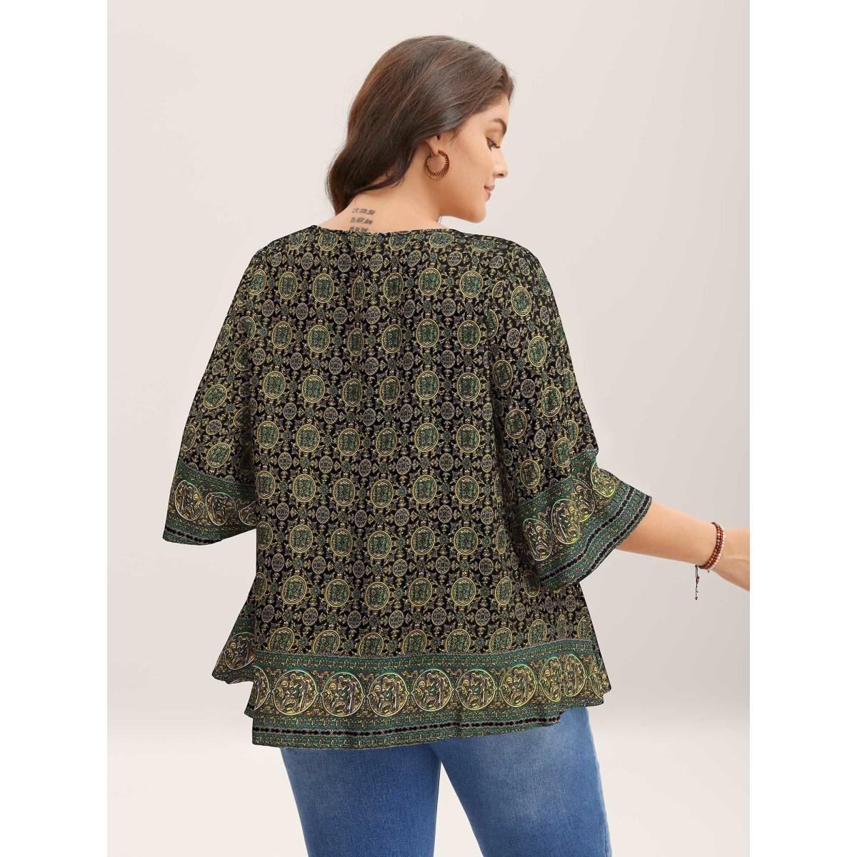 Plus Size Black Pin-Tuck Pleat Ornate Print Relaxed Fit Shirt Women Resort Elbow-length sleeve V-neck Vacation Blouses BloomChic 12/L Product Image