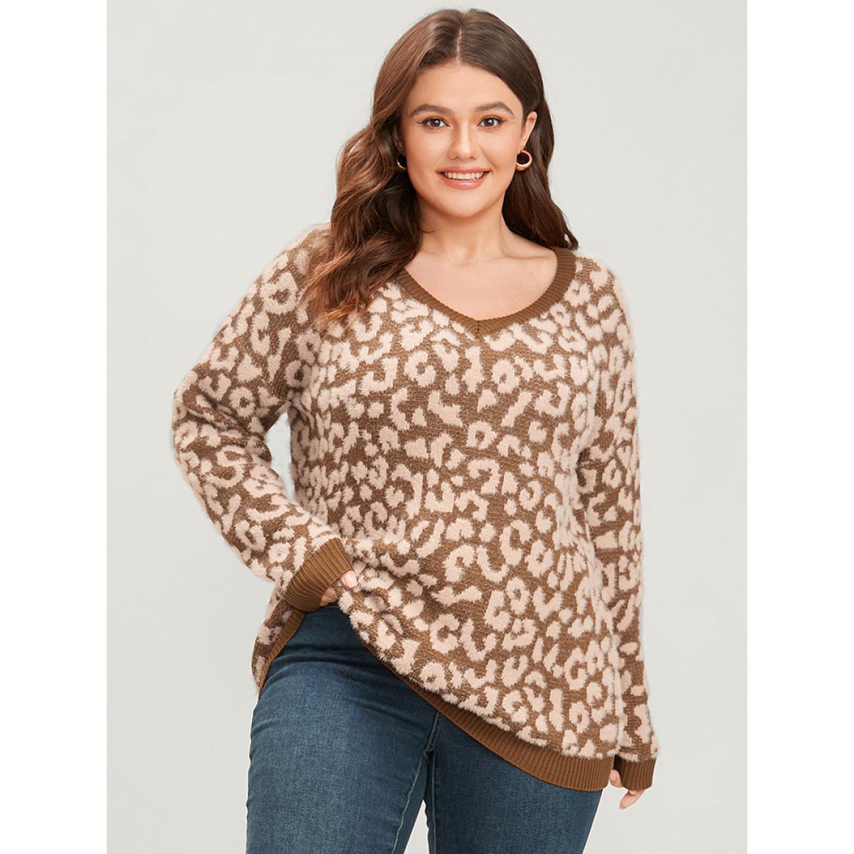 Plus Size Leopard Pointelle Knit V Neck Fluffy Knit Top Bronze Women Casual Loose Long Sleeve V-neck Dailywear Pullovers BloomChic 12/L Product Image