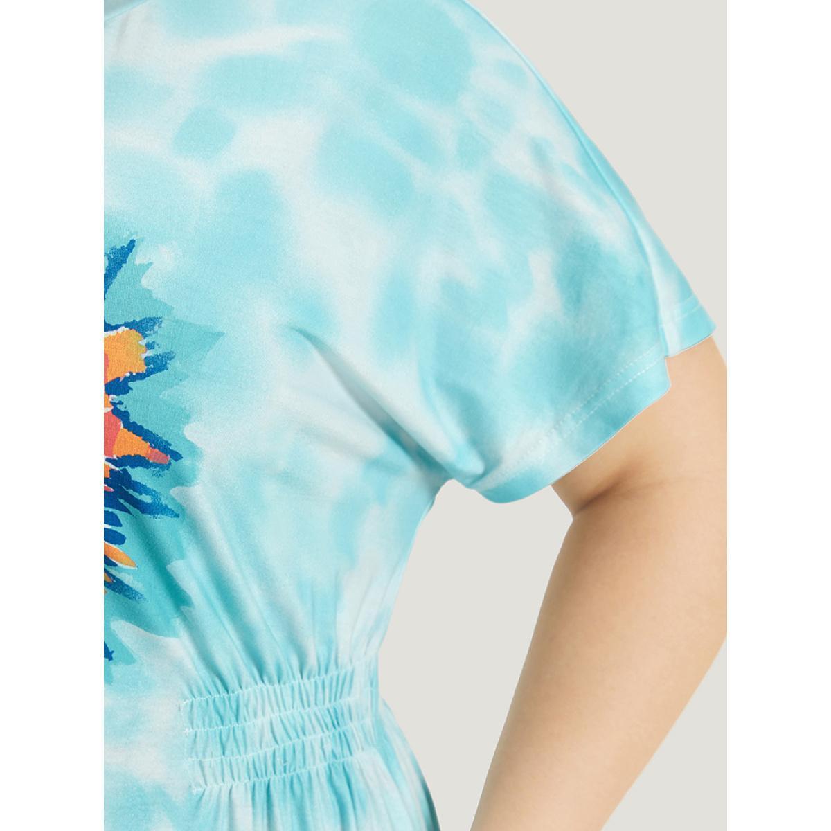Plus Size Tie Dye Heart Print Shirred Batwing Sleeve Dress Multicolor Women Casual Tie Dye Round Neck Short sleeve Curvy Midi Dress BloomChic 12/L Product Image