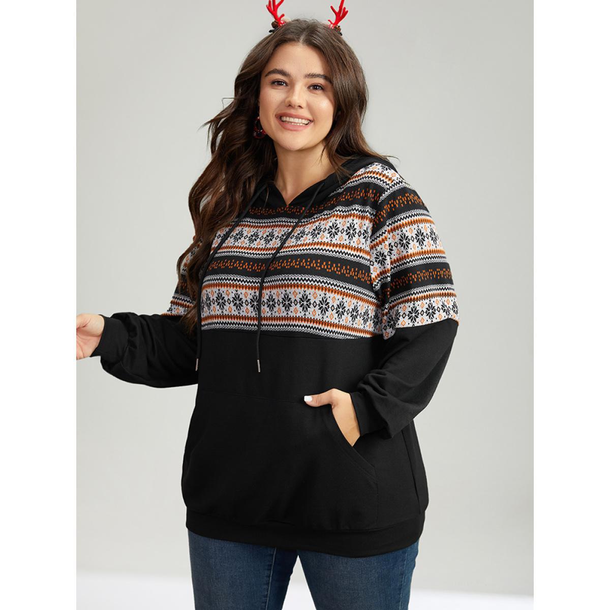 Plus Size Patchwork Contrast Pocket Hooded Drawstring Sweatshirt Women Black Casual Contrast Hooded Festival-Christmas Sweatshirts BloomChic 14-16/1X Product Image