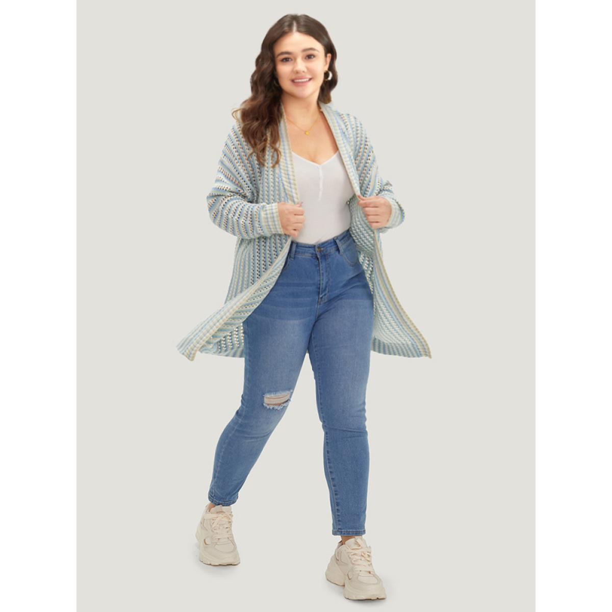 Plus Size Contrast Geo Eyelet Drop Shoulder Cardigan Multicolor Women Casual Loose Long Sleeve Dailywear Cardigans BloomChic 10/M Product Image