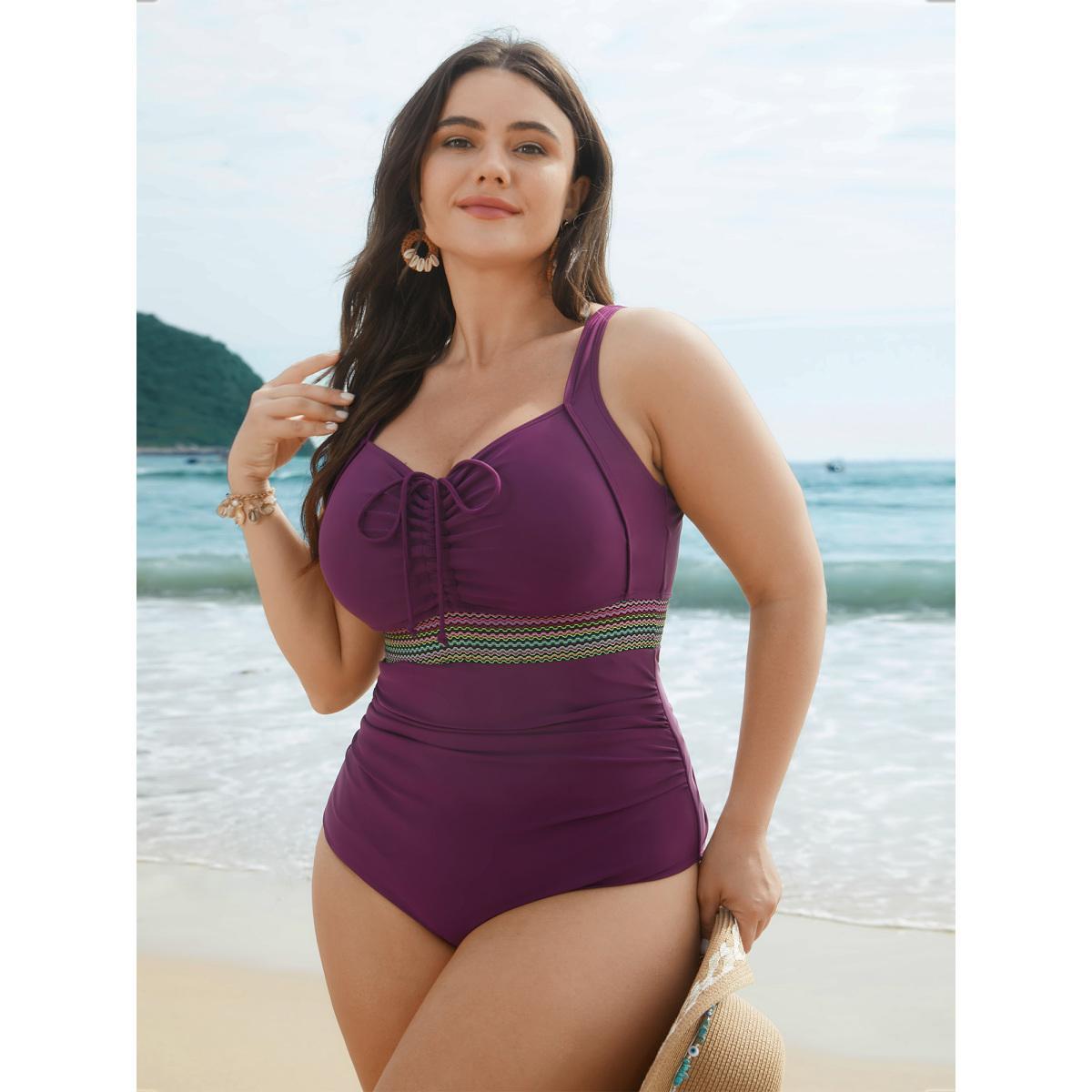 Plus Size Adjustable Drawstring Ruched Contrast Webbing One-Piece Swimsuit Women's Swimwear Deeppurple Beach Woven ribbon&lace trim Curve Bathing Suits High stretch One Pieces BloomChic 10/M Product Image