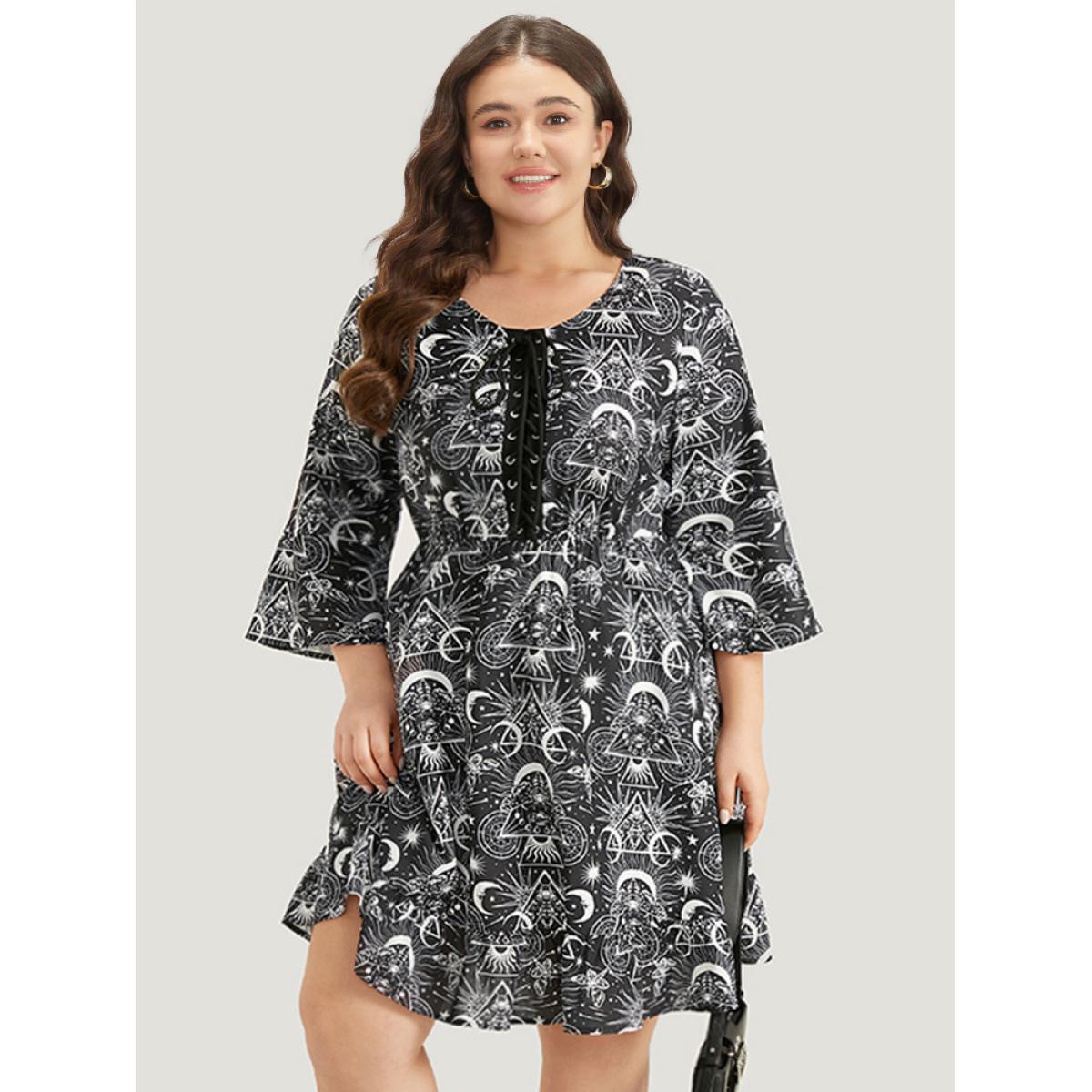 Plus Size Halloween Moon & Star Lace Up Pocket Bell Sleeve Dress Black Women Office Cross straps Round Neck Elbow-length sleeve Curvy Knee Dress BloomChic 22-24/3X Product Image