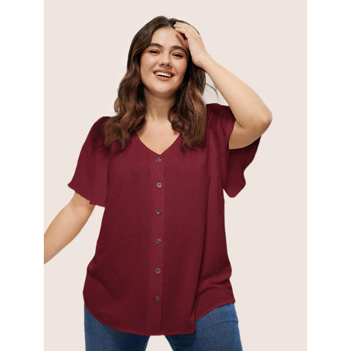 Button Front Plus Size Women Dailywear Plain Casual Blouses Loose Ruffle Sleeve Short Sleeve V Neck Going Out Blouses BloomChic Product Image