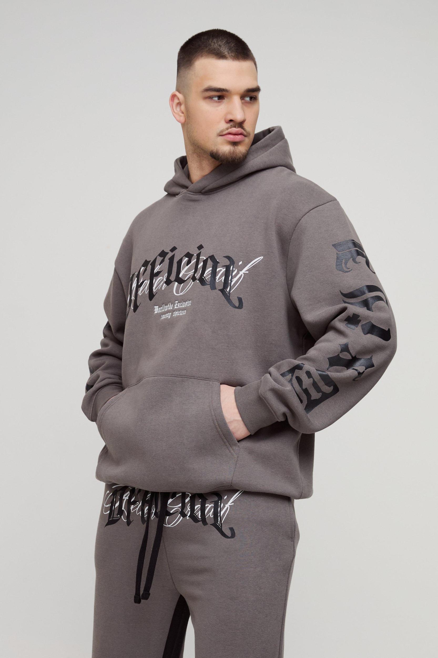 Tall Oversized Official Embroidery Hooded Relaxed Flare Tracksuit | boohooMAN USA Product Image