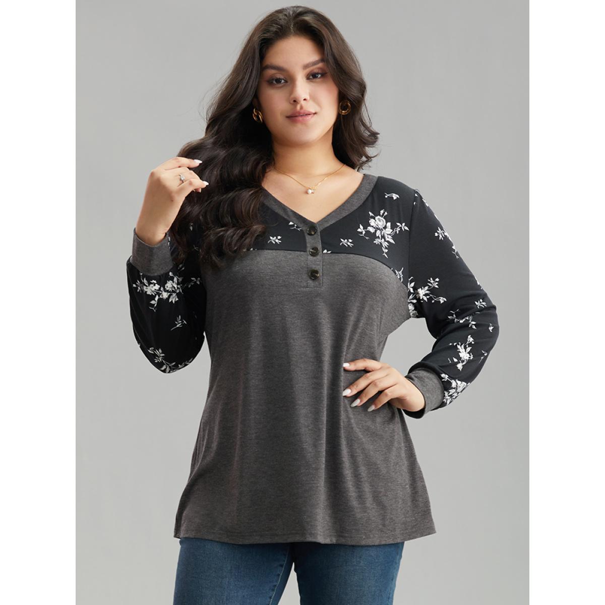 Plus Size Floral Print Patchwork Button Up T-shirt DimGray Women Elegant Printed Patchwork V-neck Dailywear T-shirts BloomChic 12/L Product Image