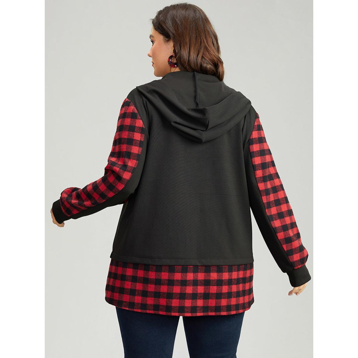Plus Size Gingham Patchwork Hooded Zipper Contrast Coat Women Red Contrast Pocket Dailywear Jackets BloomChic 10/M Product Image