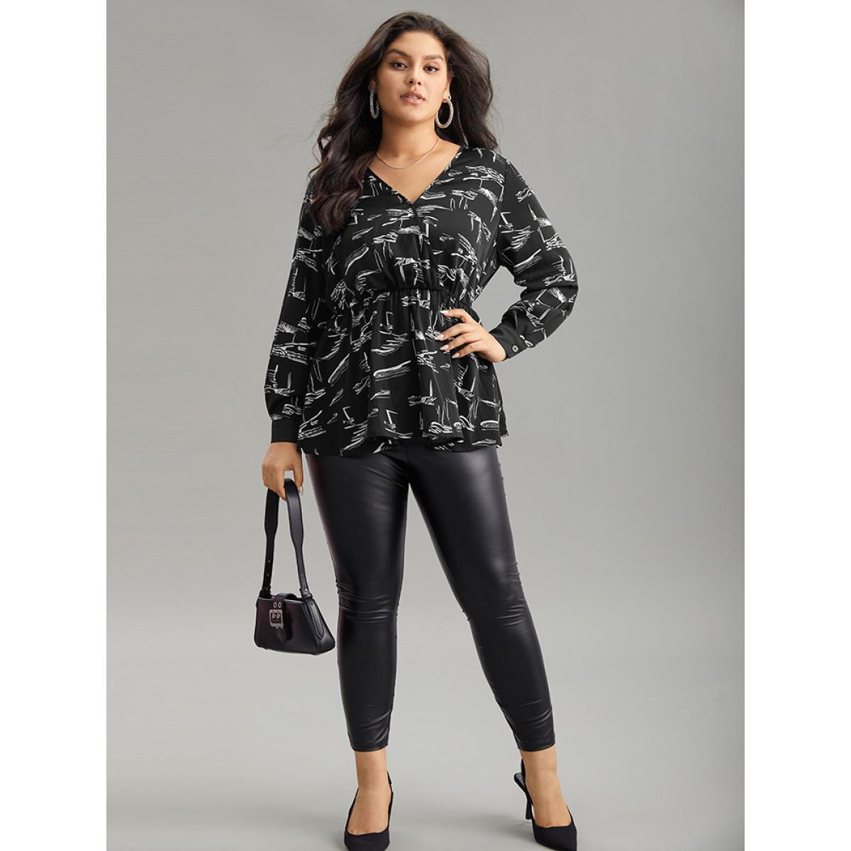 Plus Size BlackFlower Geometric Wrap Elastic Waist Ruffle Hem Blouse Women Office Long Sleeve Overlap Collar Work Blouses BloomChic 22-24/3X Product Image