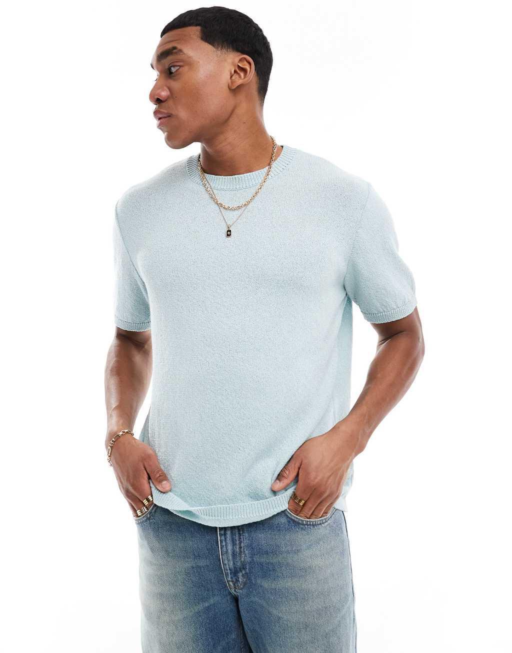 ASOS DESIGN relaxed knit crew neck slubby t-shirt in blue Product Image