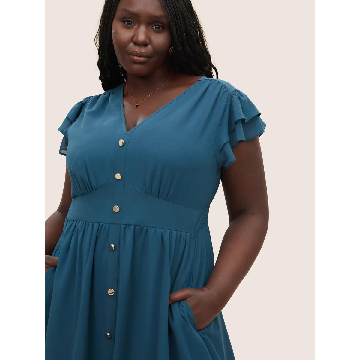 Plus Size Chiffon Button Detail Tiered Ruffle Cap Sleeve Dress Aegean Women At the Office Non V-neck Cap Sleeve Curvy Midi Dress BloomChic 14-16/1X Product Image