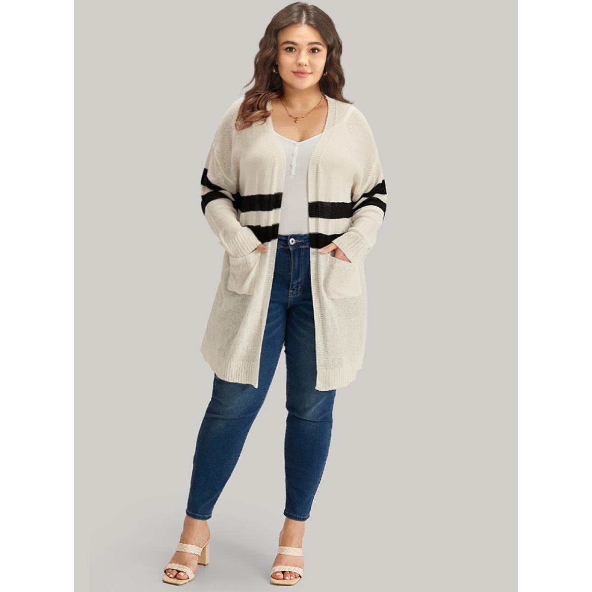 Plus Size Striped Pocket Open Front Cardigan Beige Women Casual Loose Long Sleeve Everyday Cardigans BloomChic 12/L Product Image