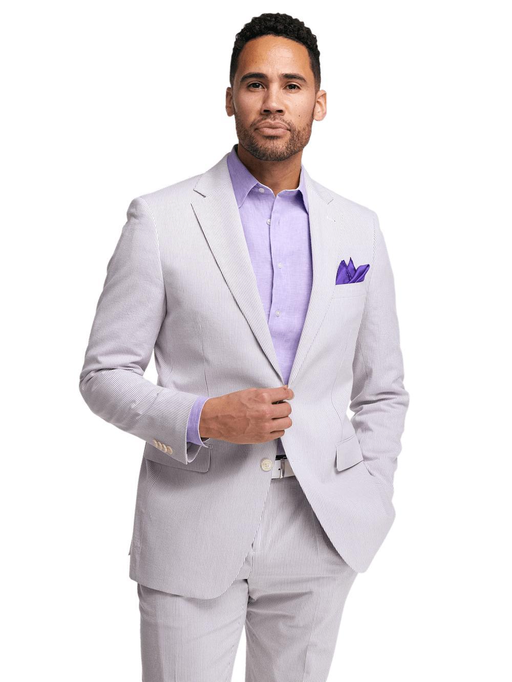 Cotton Stretch Stripe Seersucker Single Pleat Suit Pants - Purple/white Product Image