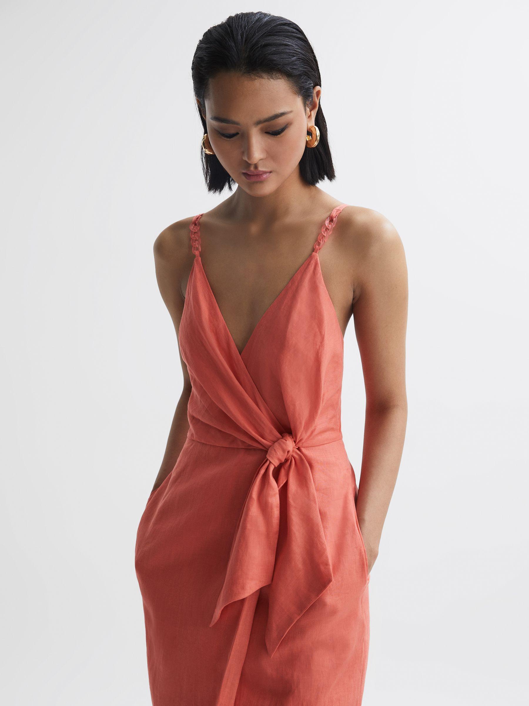 Linen Side Tie Midi Dress in Coral Product Image