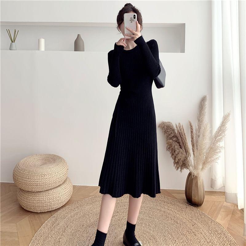 Long-Sleeve Crewneck Knit Midi A-Line Dress Product Image