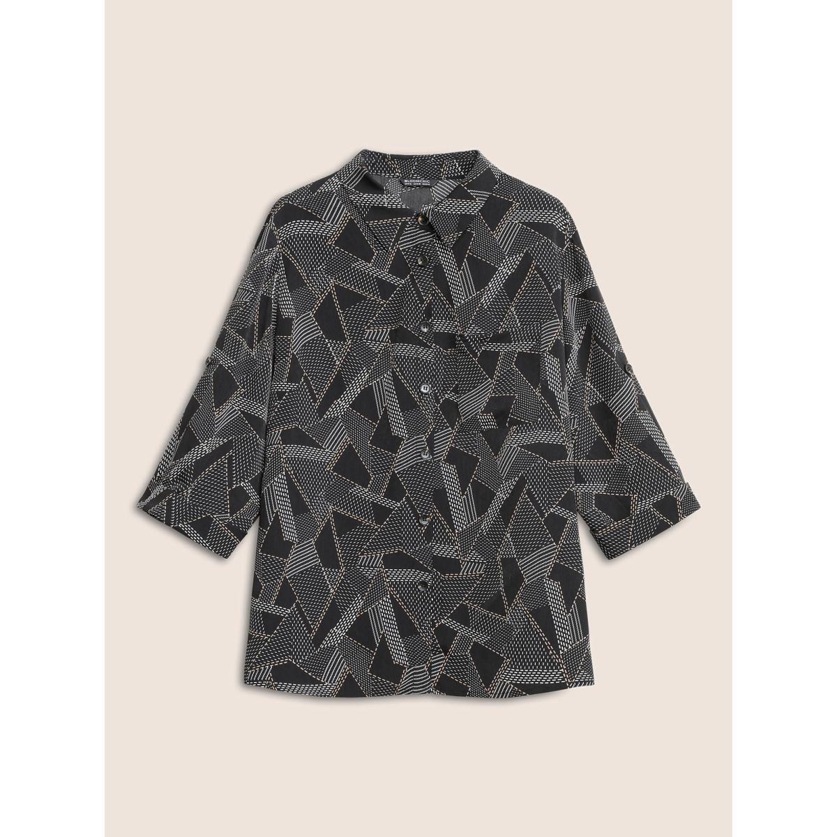 Plus Size Black Shirt Collar Geometric Tab Sleeve Blouse Women At the Office Elbow-length sleeve Shirt collar Work Blouses BloomChic 12/L Product Image