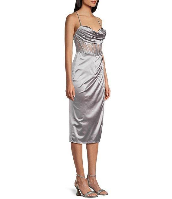 B. Darlin Sweetheart Drape Neck Rhinestone Illusion Midi Dress Product Image