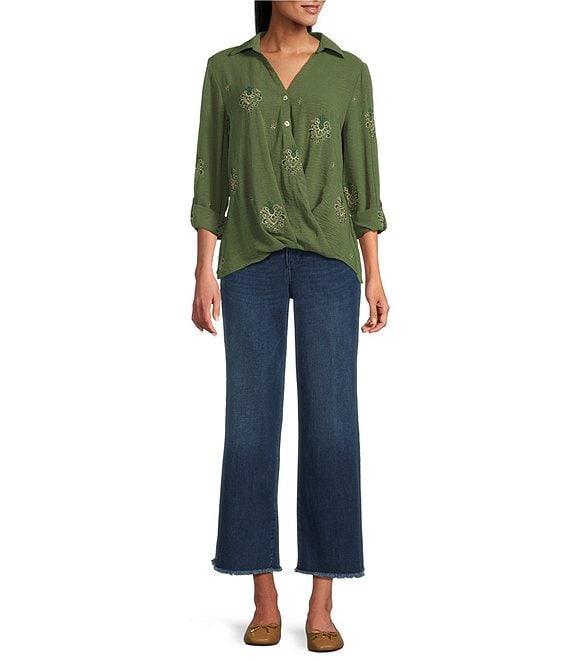 Figueroa & Flower Embroidered Spread Collar Long Roll-Tab Sleeve Button-Front Blouse Product Image