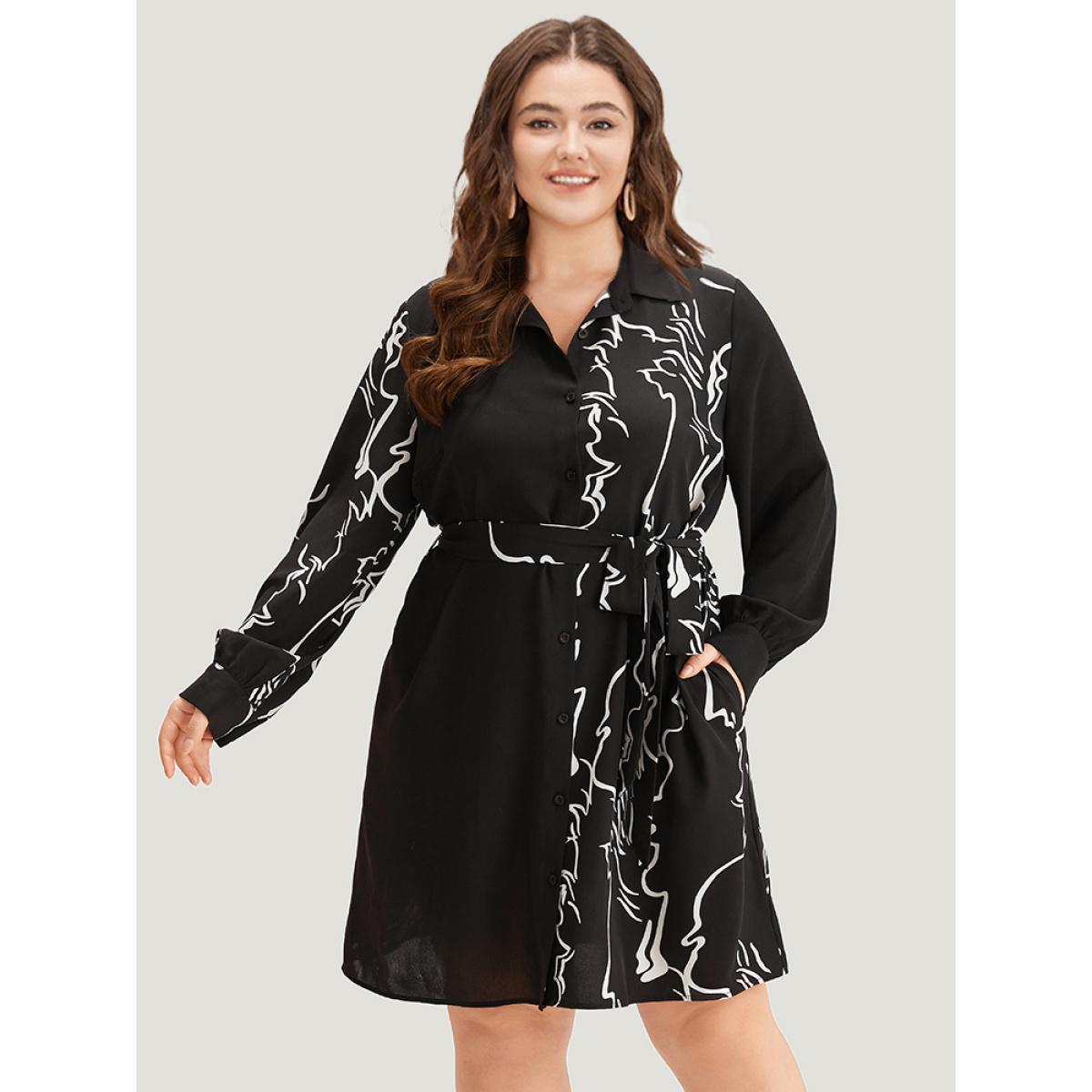 Plus Size Graphic Shirt Collar Pocket Button Through Belted Dress BlackFlower Women Office Belted Shirt collar Long Sleeve Curvy Knee Dress BloomChic 22-24/3X Product Image