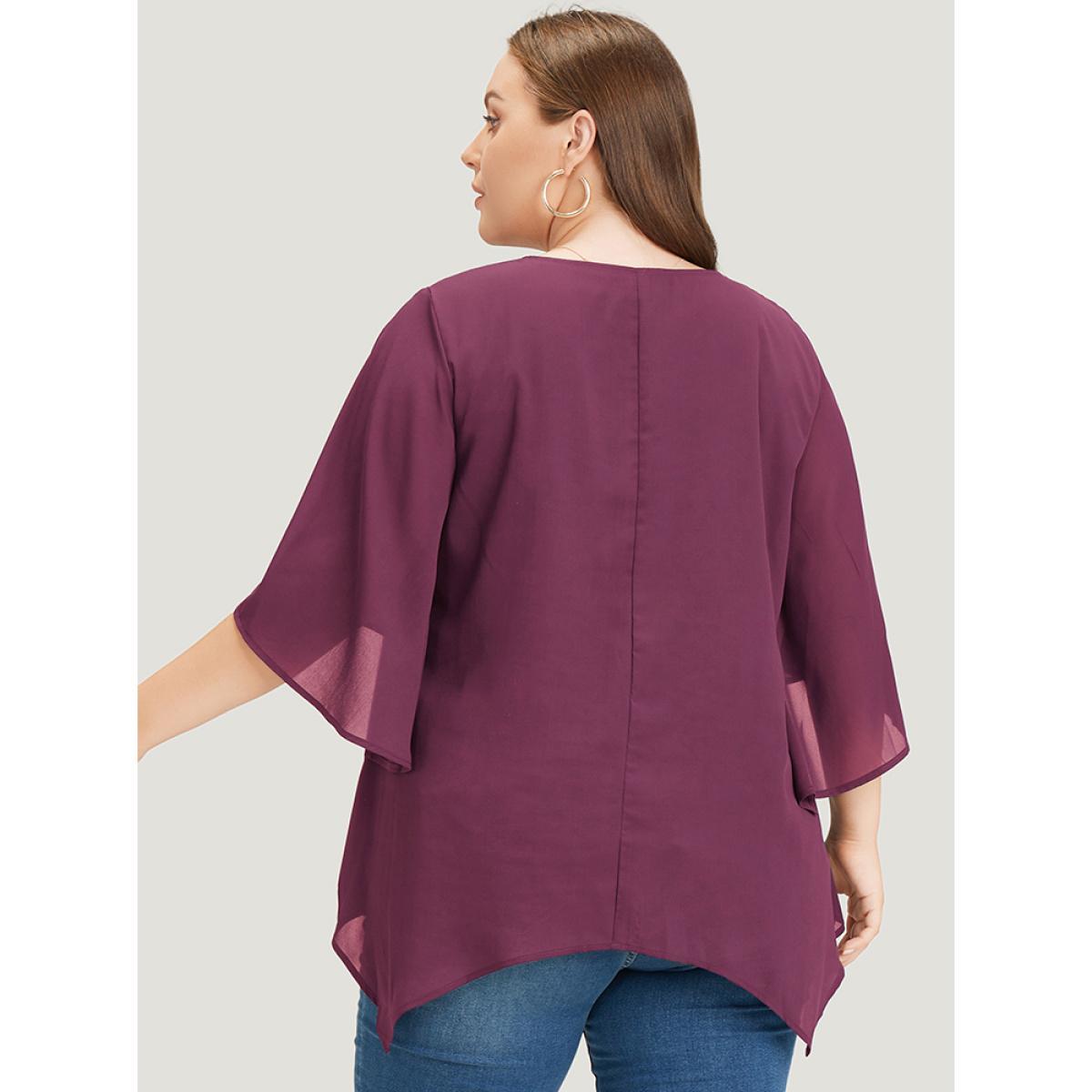 Plus Size Purple Plain Mesh Flutter Sleeve Hanky Hem Blouse Women Office Elbow-length sleeve Round Neck Dailywear Blouses BloomChic 18-20/2X Product Image