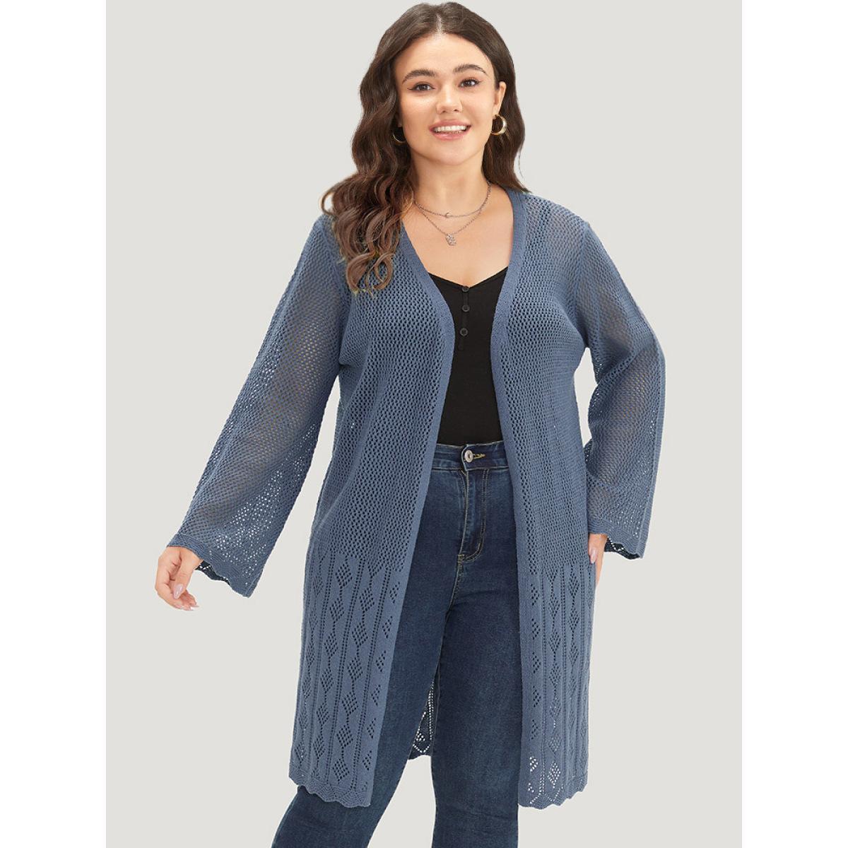 Plus Size Solid Geometric Eyelet Open Front Cardigan Aegean Women Casual Loose Long Sleeve Dailywear Cardigans BloomChic 22-24/3X Product Image